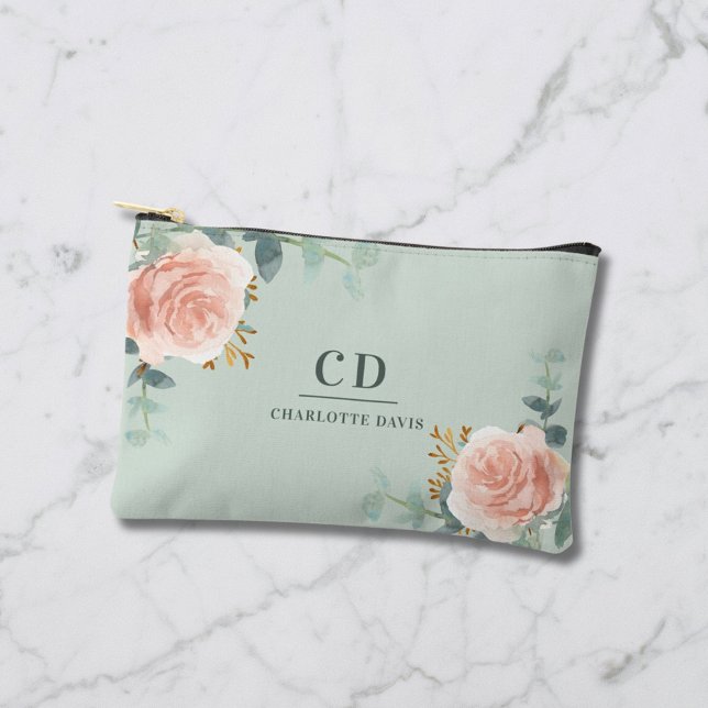 Rose gold floral green name monogram accessory pouch (Creator Uploaded)