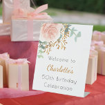 Rose gold floral greenery birthday party welcome pedestal sign<br><div class="desc">A stylish white background decorated with a rose gold and blush pink watercolored floral,  flower,  eucalyptus greenery,  golden sprigs.   Personalize and add a name and age.</div>