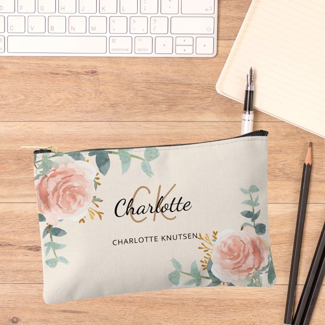 Rose gold floral greenery cream name monogram accessory pouch (Creator Uploaded)