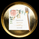 Rose gold floral greenery elegant birthday napkin<br><div class="desc">A chic white background. Decorated with a rose gold and blush pink watercolored rose flower,  floral,  green eucalyptus leaves,  sprigs,  greenery and faux gold sprigs. Personalize and a name and date.  Black and golden letters</div>
