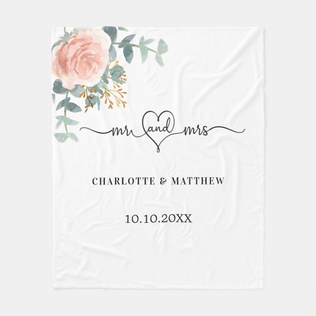 Rose gold floral greenery mr mrs heart wedding fleece blanket (Front)