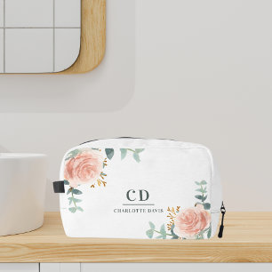 Rose gold floral greenery name monogram dopp kit