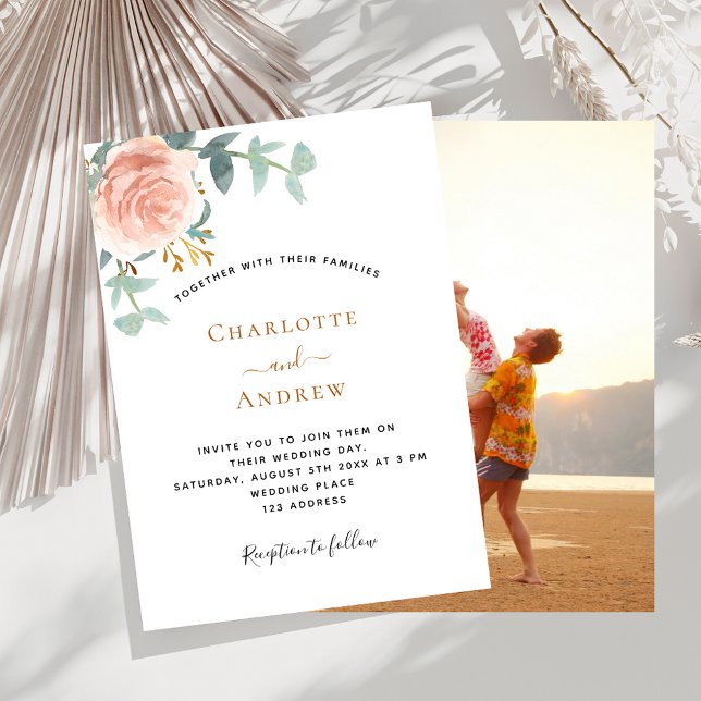 Rose gold floral greenery photo wedding invitation (Creator Uploaded)