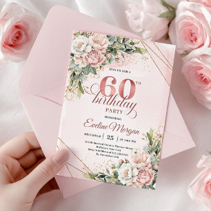 Rose Gold Floral Greenery Watercolor 60th Birthday Invitation