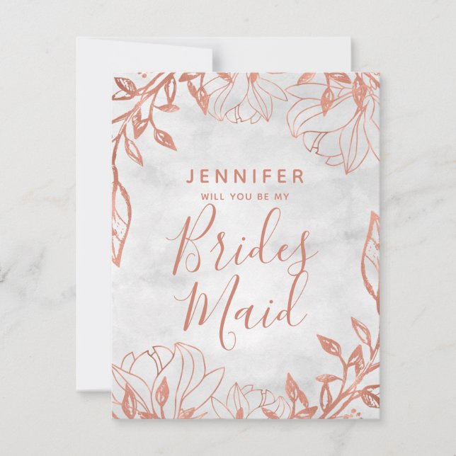 Rose Gold Floral Grey Will You Be My Bridesmaid Invitation (Front)