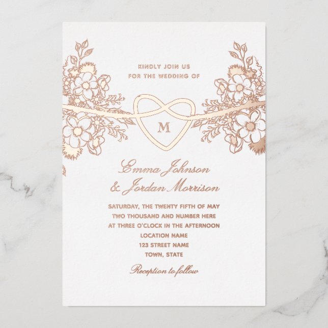 Rose Gold Floral Heart Wedding Foil Invite (Front)