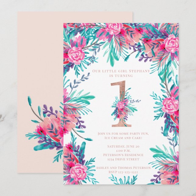 Rose gold floral letter 1st birthday blush pink invitation (Front/Back)