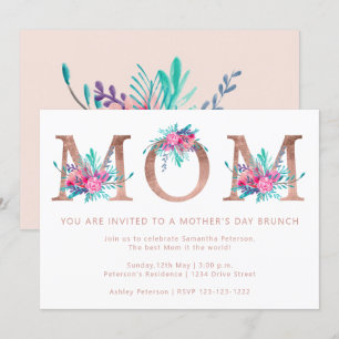 Rose gold floral letter Mom blush pink mothers day Invitation