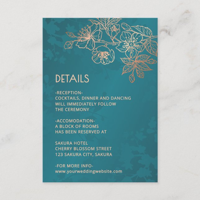 Rose Gold Floral Line Art Teal Wedding Enclosure Card (Front)