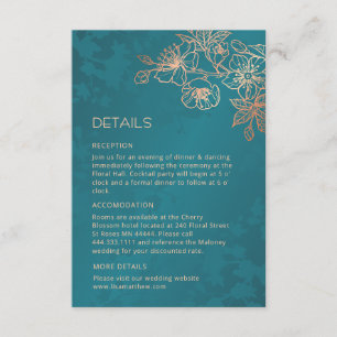 Rose Gold Floral Line Art Teal Wedding Enclosure Card