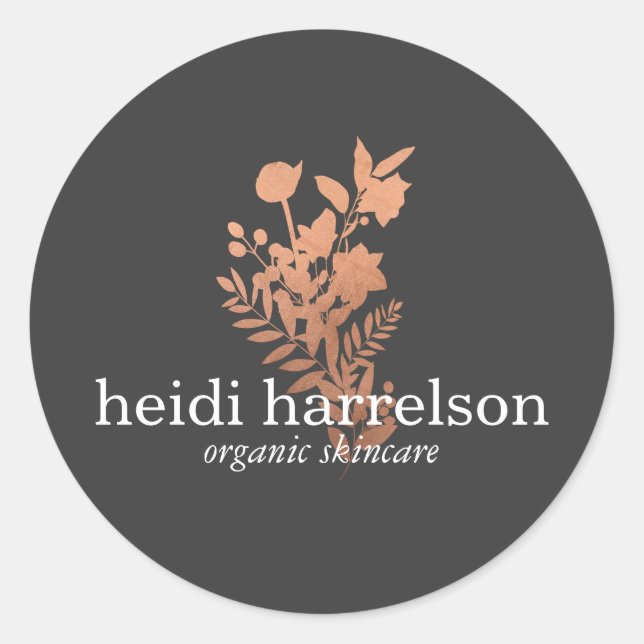 Rose Gold Floral Logo on Dark Grey Classic Round Sticker (Front)