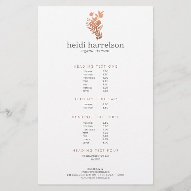 Rose Gold Floral Logo on White Price List Flyer (Front)