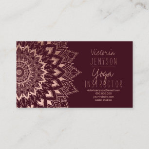 Rose gold floral mandala burgundy yoga instructor business card