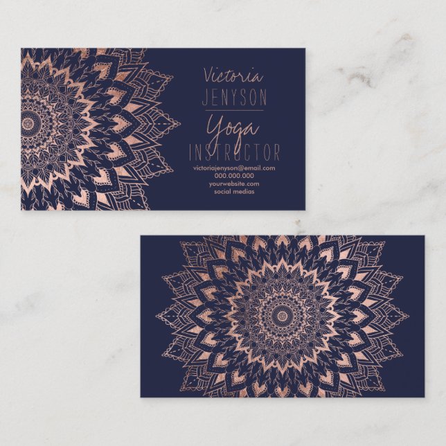 Rose gold floral mandala navy blue yoga instructor business card (Front/Back)