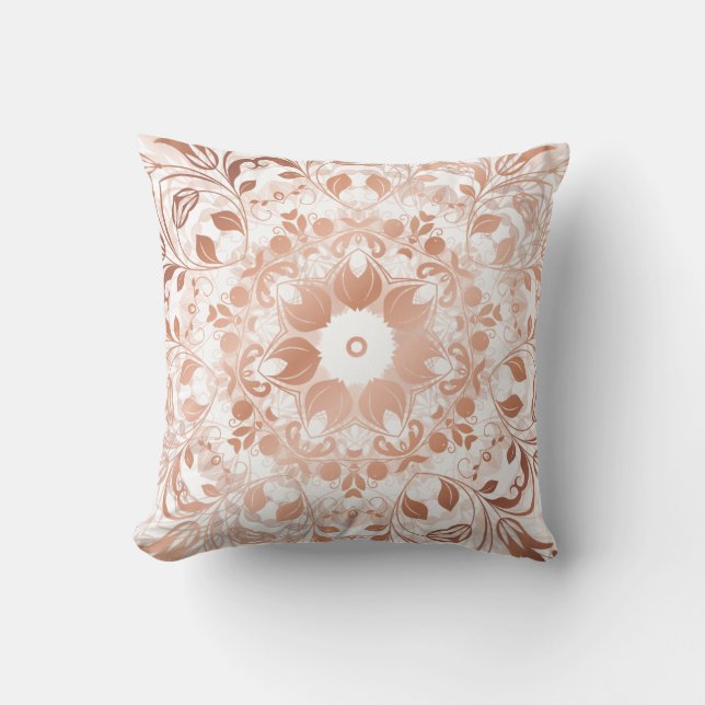 Rose Gold Floral Mandala Throw Pillow (Front)