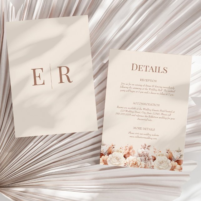 Rose Gold Floral Monogram Details Enclosure Card (Rose Gold Floral Monogram Details Enclosure Card on a sunny boho neutral dry palm leaf.)