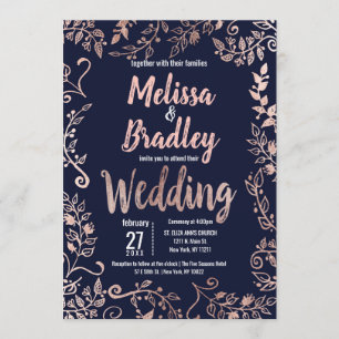 Rose Gold Floral Navy Blue Brush Script Wedding Invitation