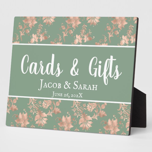 Rose Gold Floral on Green Wedding Gift Table Plaque (Side)