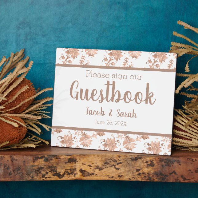 Rose Gold Floral on White Guestbook Table Plaque (Side)