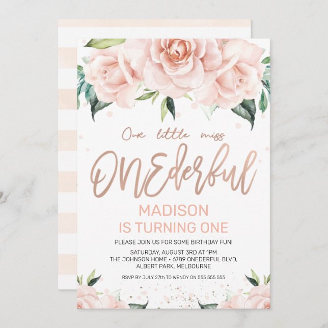 Rose Gold Floral Onederful Birthday Invitation (Front/Back)