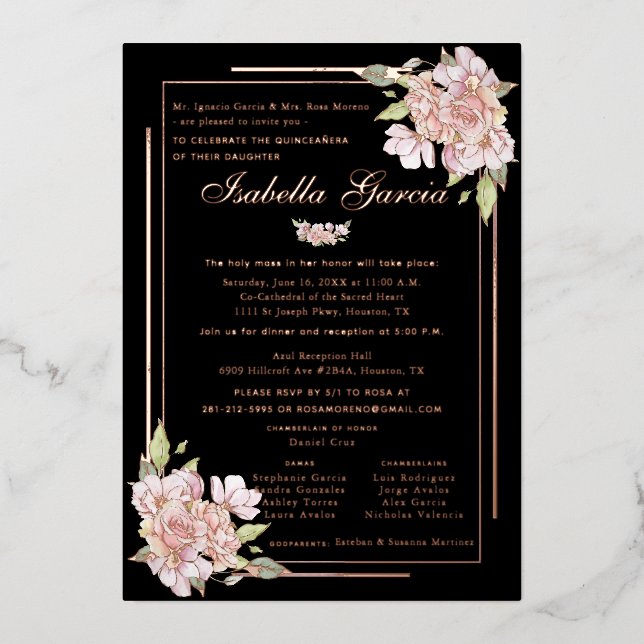 Rose Gold Floral Quinceañera Invitation d'annivers (Recto)