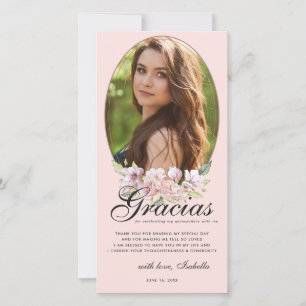 Rose Gold Floral Quinceañera Photo Carte de remerc