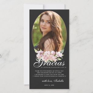 Rose Gold Floral Quinceañera Photo Thank You Card