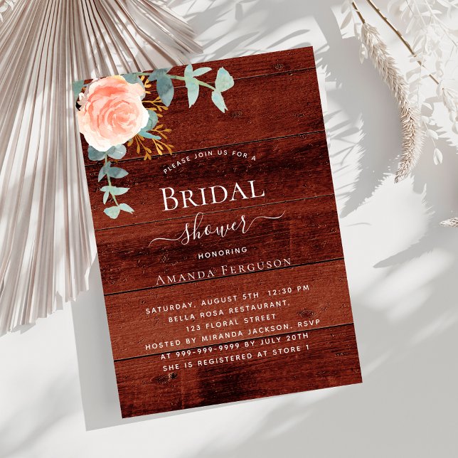 Rose gold floral rustic brown wood Bridal Shower Invitation (Creator Uploaded)