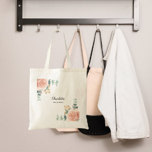 Rose gold floral sage green bridesmaid tote bag