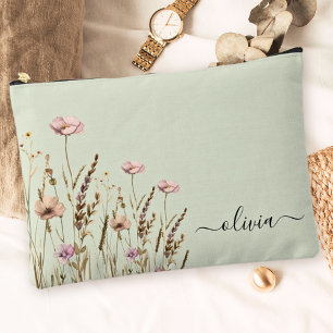 Rose Gold Floral Sage Green Name Monogram Accessory Pouch
