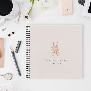 Rose Gold Floral Scissors Salon Logo Notebook
