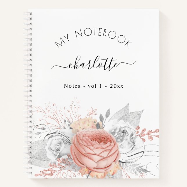 Rose gold floral silver foliage name script notebook (Front)