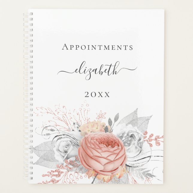Rose gold floral silver foliage white name 2026 planner (Front)
