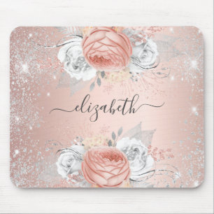 Rose gold floral silver glitter monogram name mouse pad