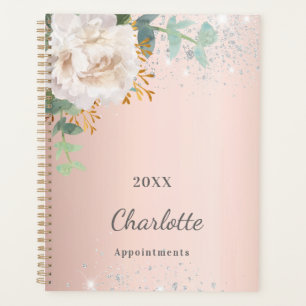 Rose gold floral silver glitter monogram planner