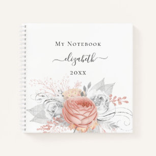 Rose gold floral silver white custom name notebook