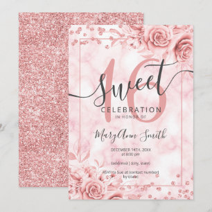 Rose Gold Floral Sweet 16 Birthday Marble Glitter Invitation