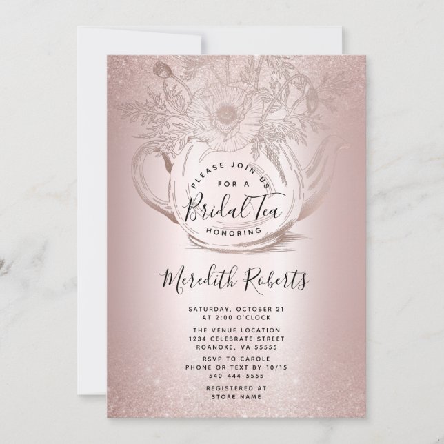 Rose Gold Floral Teapot Blush Foil Bridal Tea Invitation (Front)