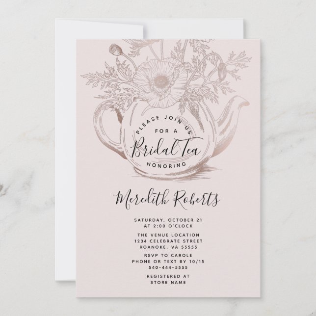 Rose Gold Floral Teapot Blush Pink Bridal Tea Invitation (Front)