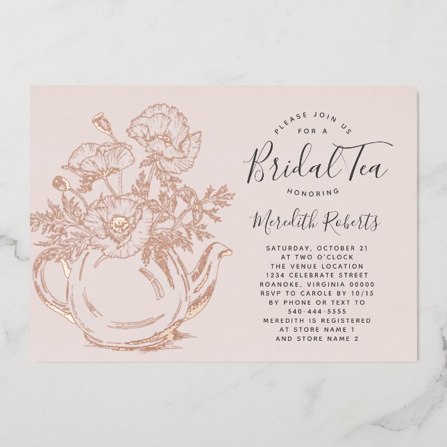 Rose Gold Floral Teapot Blush Pink Bridal Tea Real (Front)