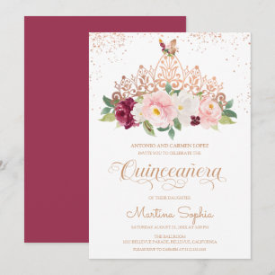 Rose Gold Floral Tiara & Butterfly Quinceanera Invitation