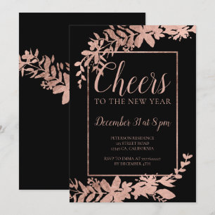 Rose gold floral typography cheers to the New Year Invitation
