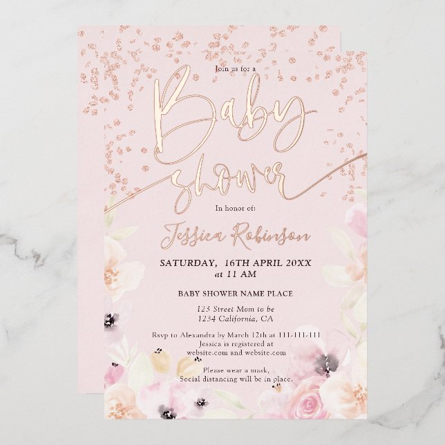 Rose Gold floral watercolor pink baby shower (Front/Back)