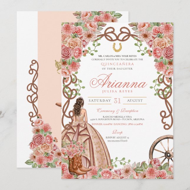 Rose Gold Floral Western Elegant Quinceanera Invitation (Front/Back)