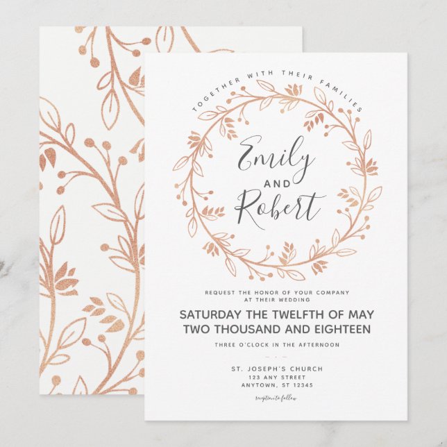 Rose Gold Floral Wreath Modern Wedding Invitation (Front/Back)