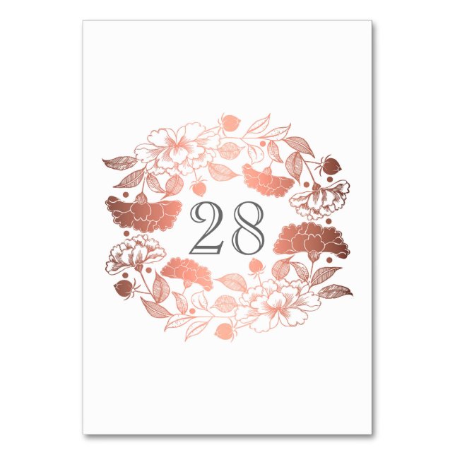 Rose Gold Floral Wreath Peonies Garden Wedding Table Number (Front)