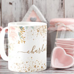Rose gold florals eucalyptus gold glitter name coffee mug<br><div class="desc">A chic white background. Decorated with rose gold and blush pink florals, flowers (roses)and green watercolored eucalyptus leaves, sprigs, greenery and faux gold sprigs. Golden glitter dust. Personalize and add a name. The name is written with a modern hand lettered style script with swashes. To keep the swashes only delete...</div>