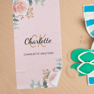 Rose gold florals greenery monogram initials beach towel