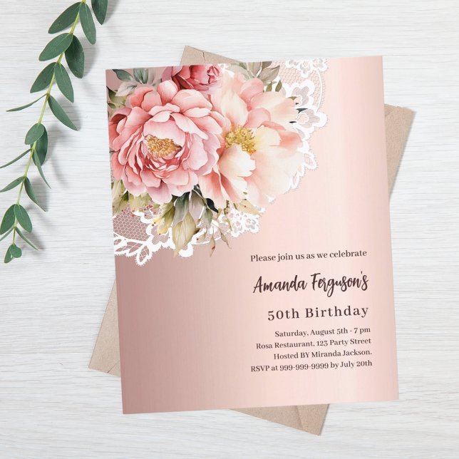 Rose gold florals lace 50th birthday invitation (Creator Uploaded)