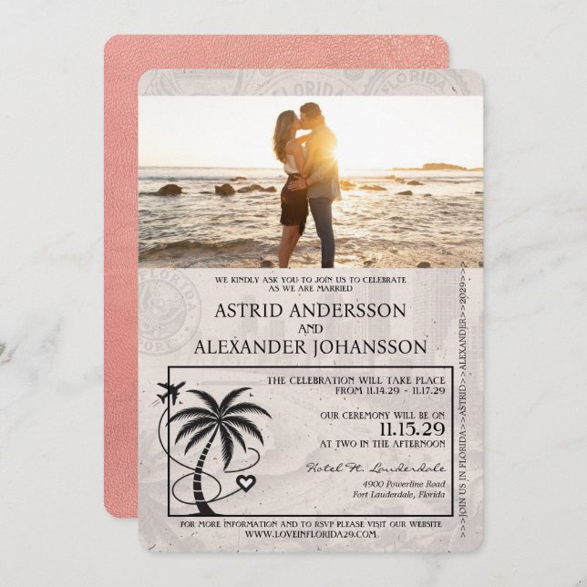 Rose Gold Florida Passport Wedding Invitation (Front/Back)
